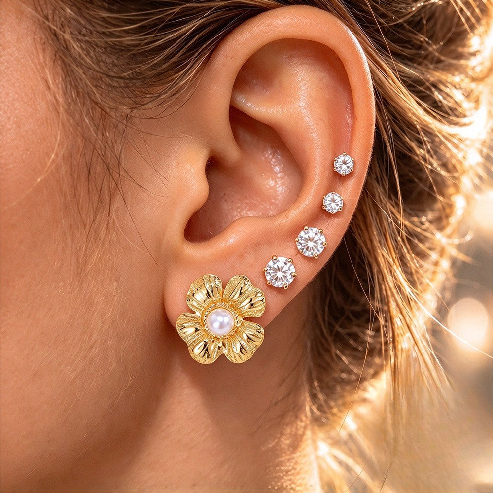 18k Boho Floral Faux Pearl & Zircon Earring Set