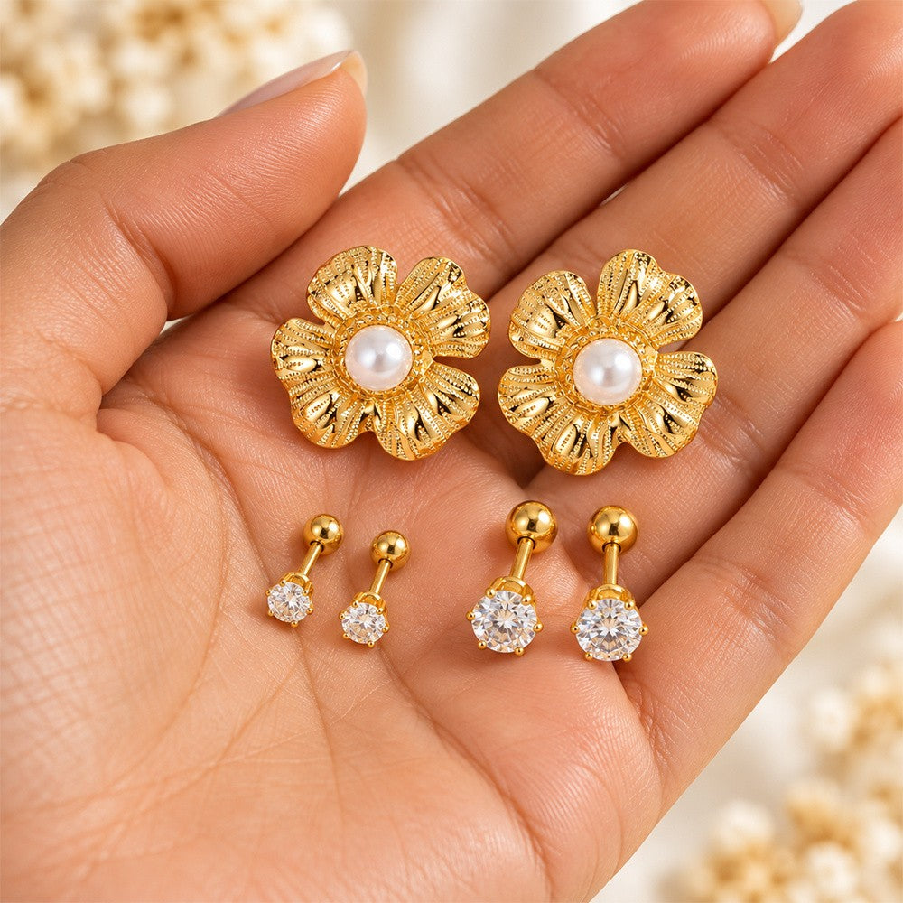 18k Boho Floral Faux Pearl & Zircon Earring Set
