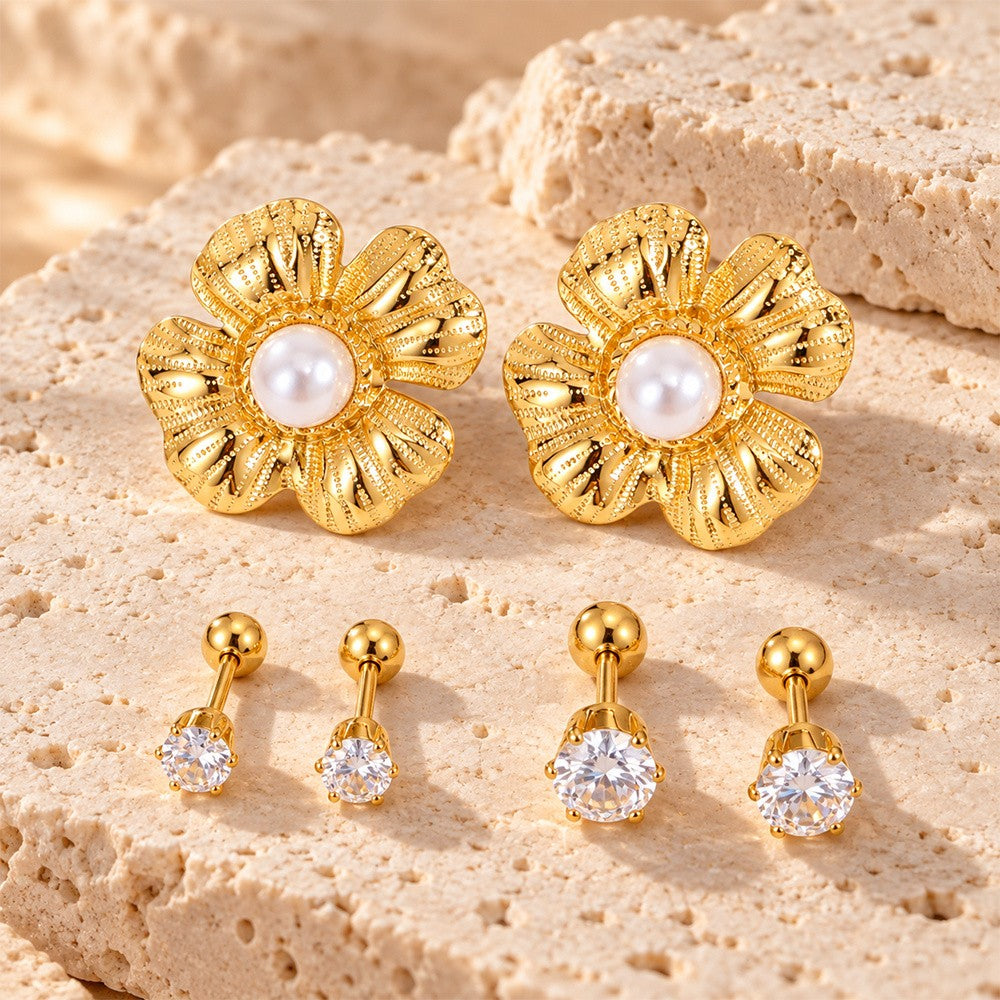 18k Boho Floral Faux Pearl & Zircon Earring Set