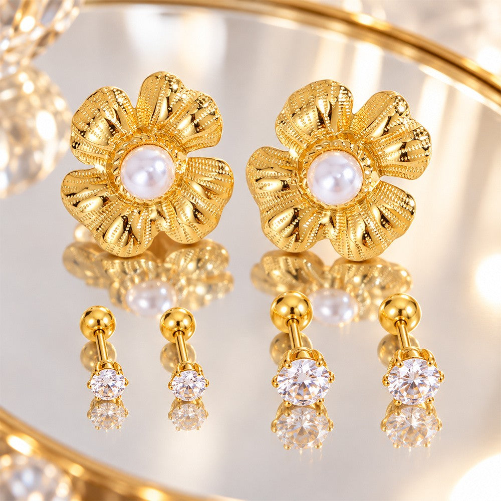 18k Boho Floral Faux Pearl & Zircon Earring Set