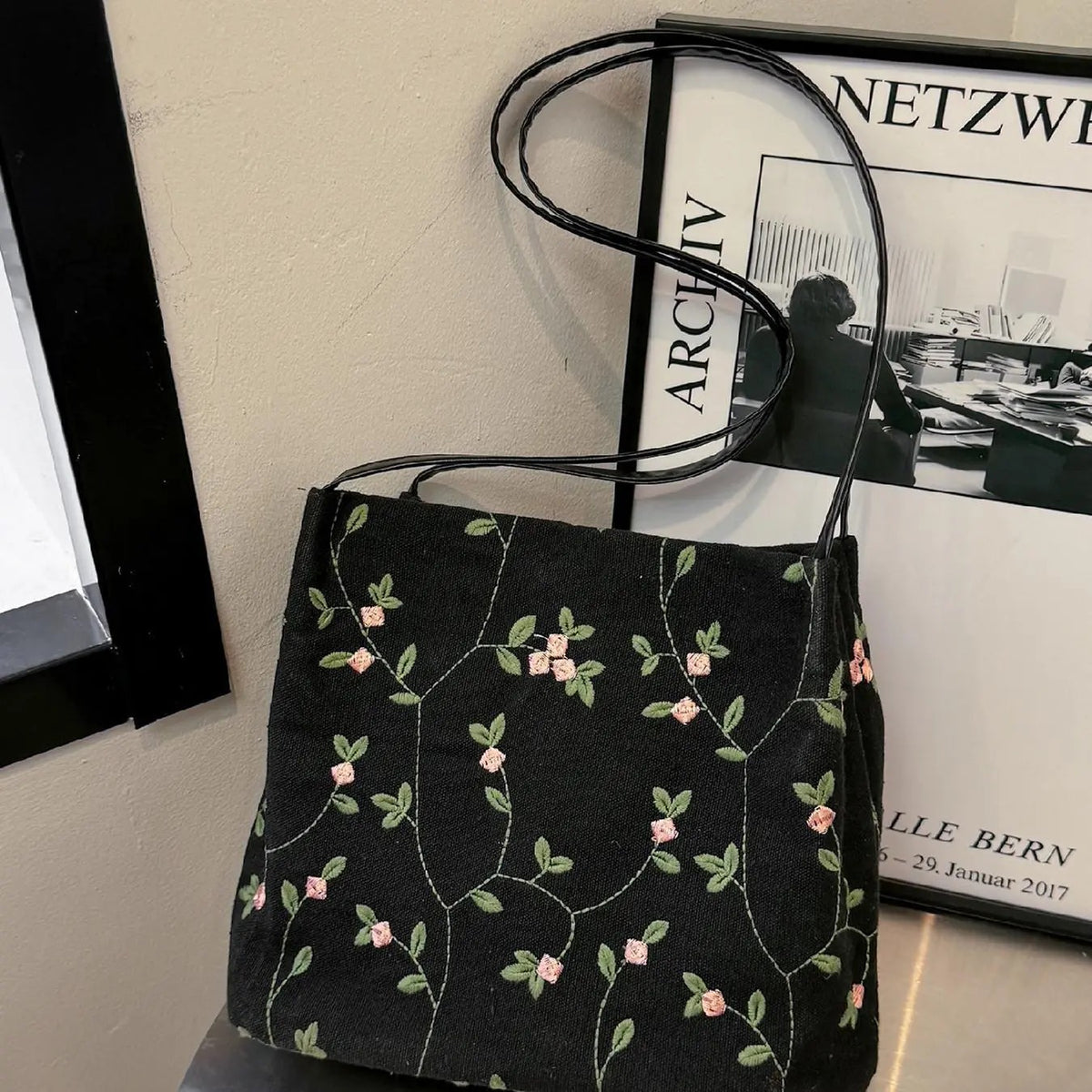 Boho Floral Embroidered Canvas Tote