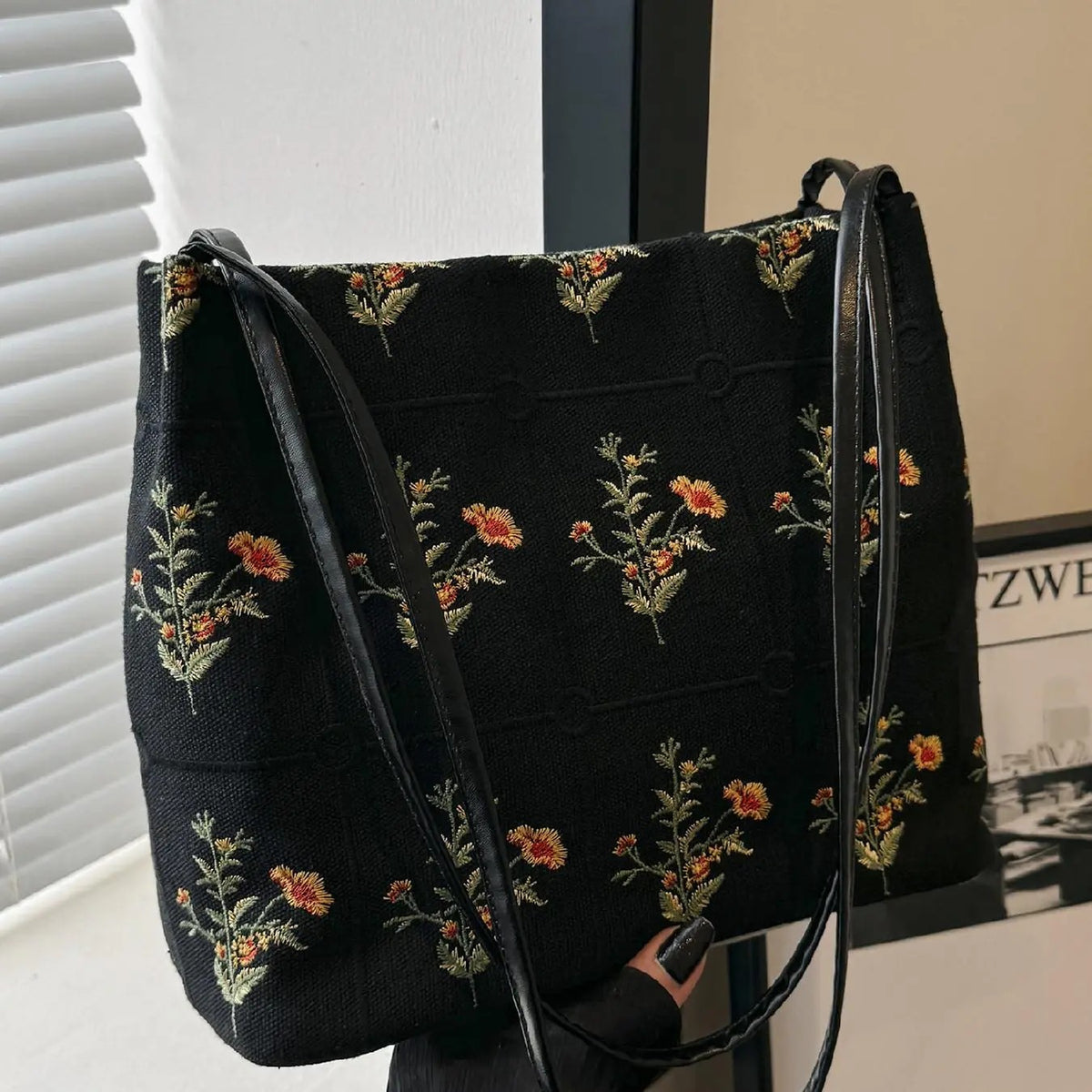 Boho Floral Embroidered Canvas Tote
