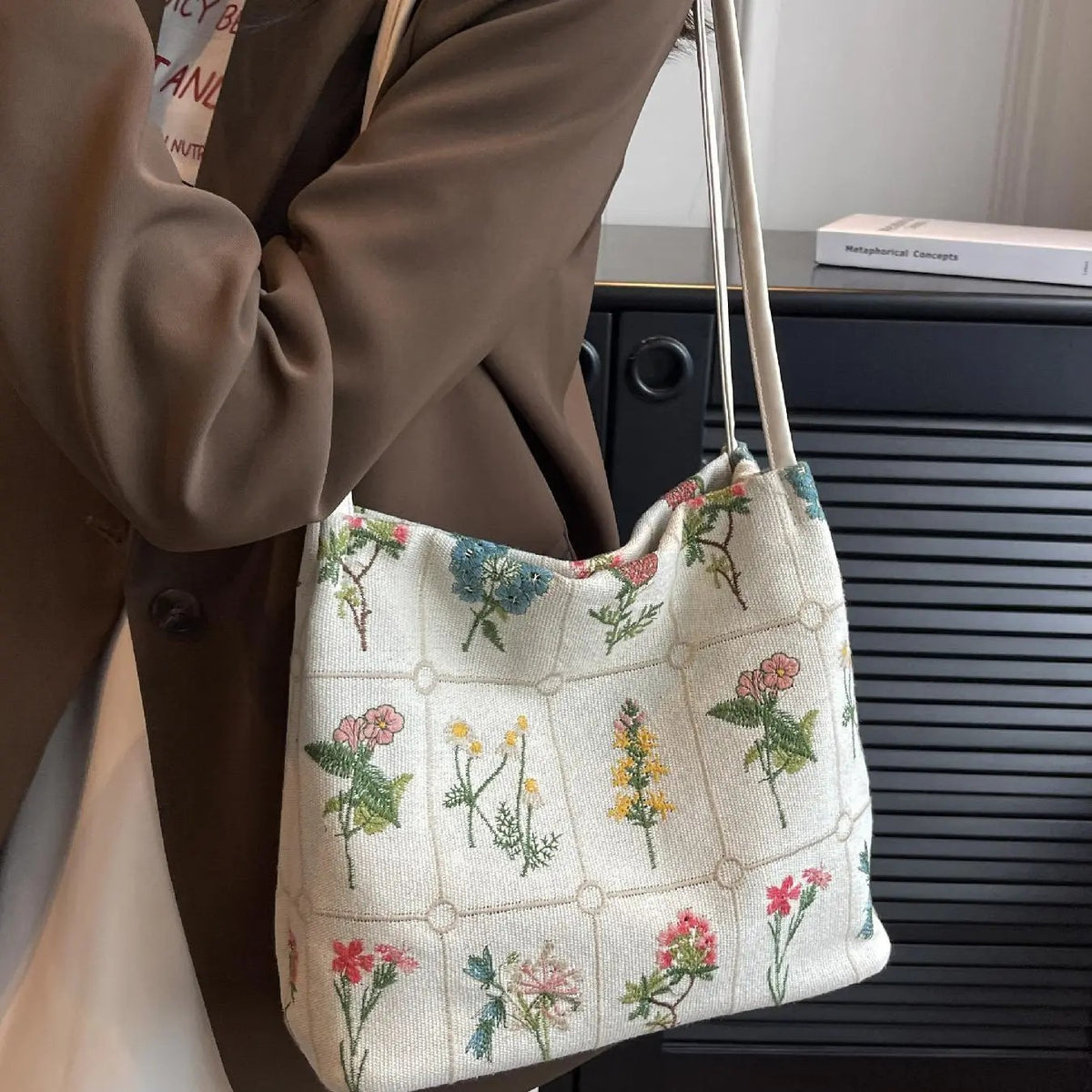 Boho Floral Embroidered Canvas Tote