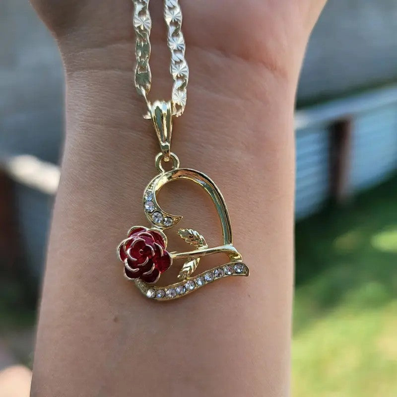 Elegant Red Rose Heart Necklace