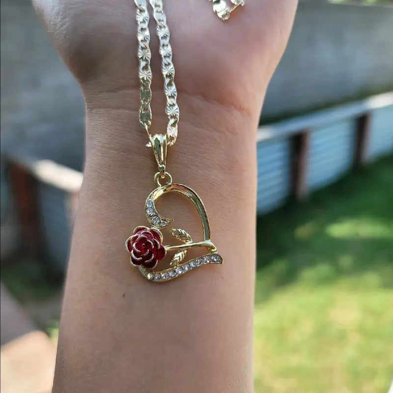 Elegant Red Rose Heart Necklace