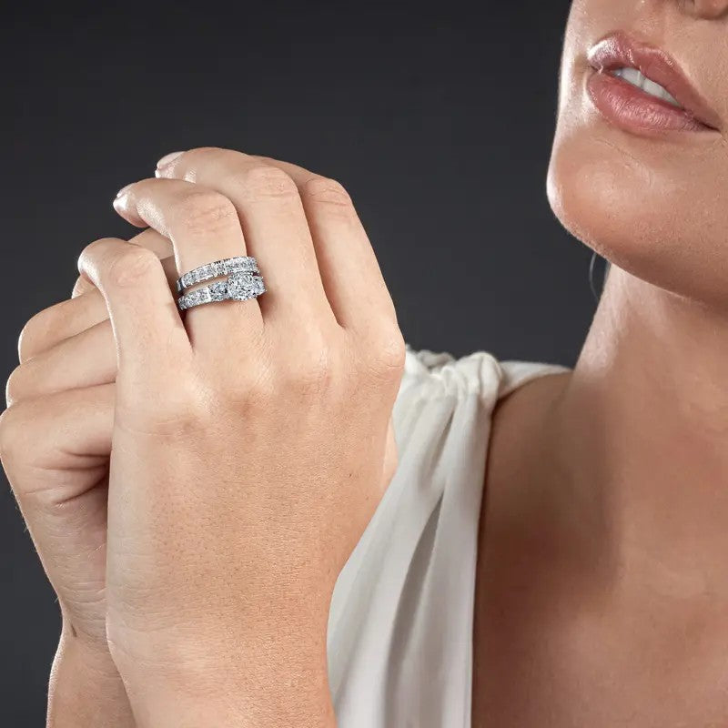 S925 Romantic 3-Stone Bridal Ring Set