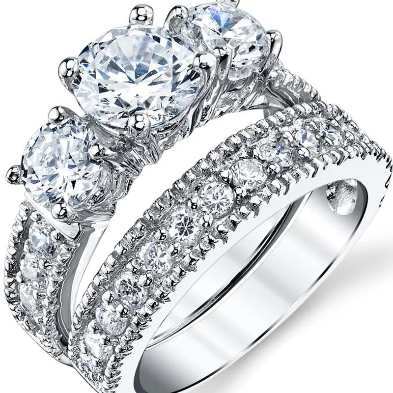 S925 Romantic 3-Stone Bridal Ring Set