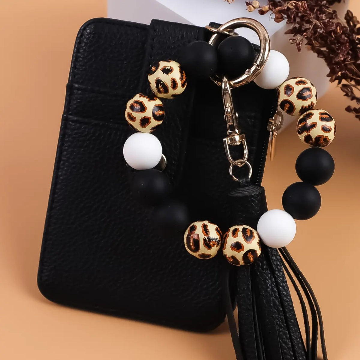 Chic Leopard Bead Card Holder & Keychain Set
