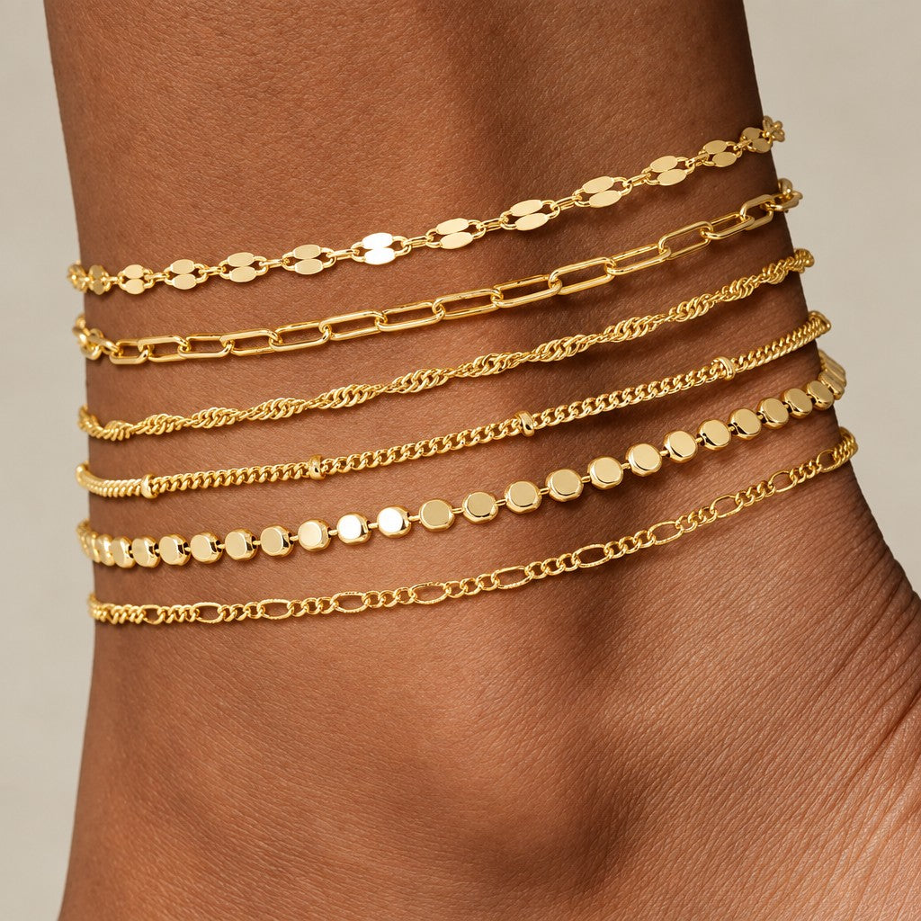 6pc Dainty Layered Link Anklet Set