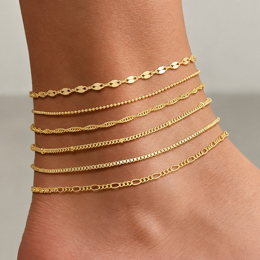 6pc Dainty Layered Link Anklet Set