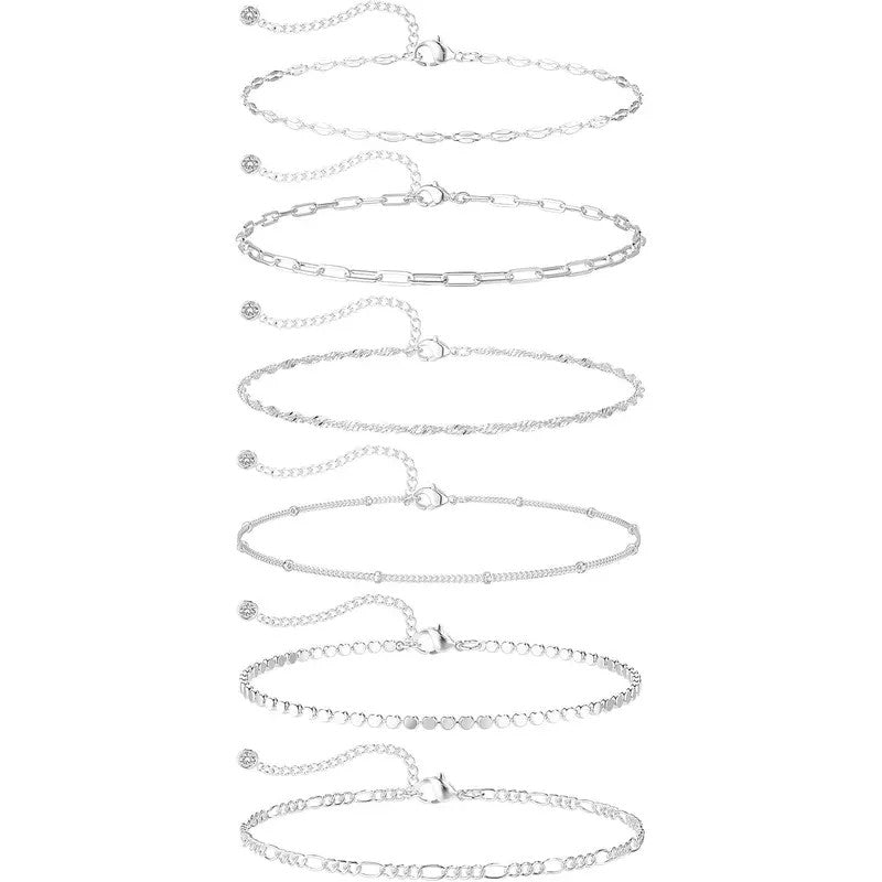 6pc Dainty Layered Link Anklet Set