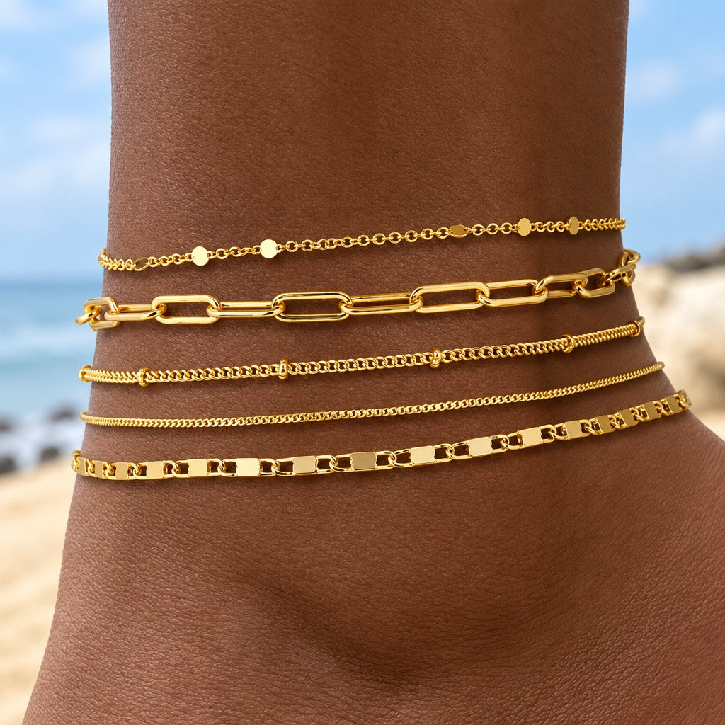 6pc Dainty Layered Link Anklet Set