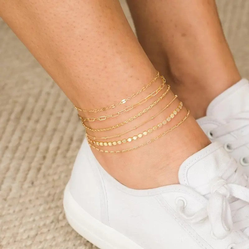 6pc Dainty Layered Link Anklet Set