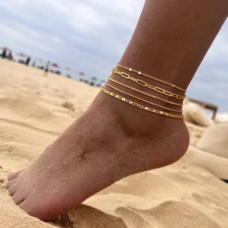 6pc Dainty Layered Link Anklet Set
