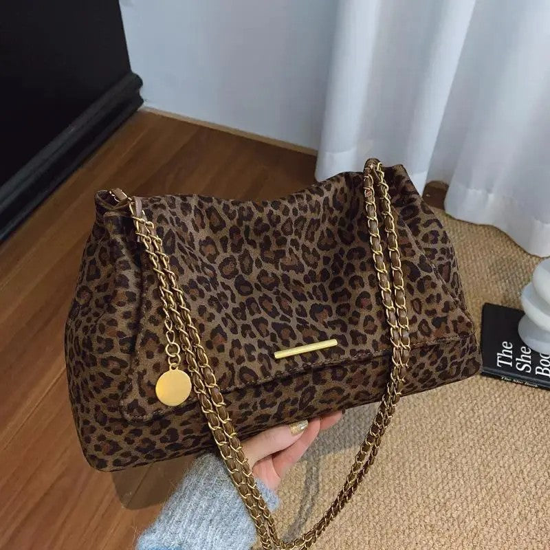 Classy Leopard Faux Suede Shoulder Bag