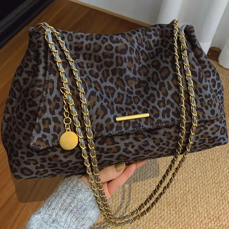 Classy Leopard Faux Suede Shoulder Bag