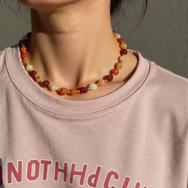 18k Boho Red Agate Bead Necklace