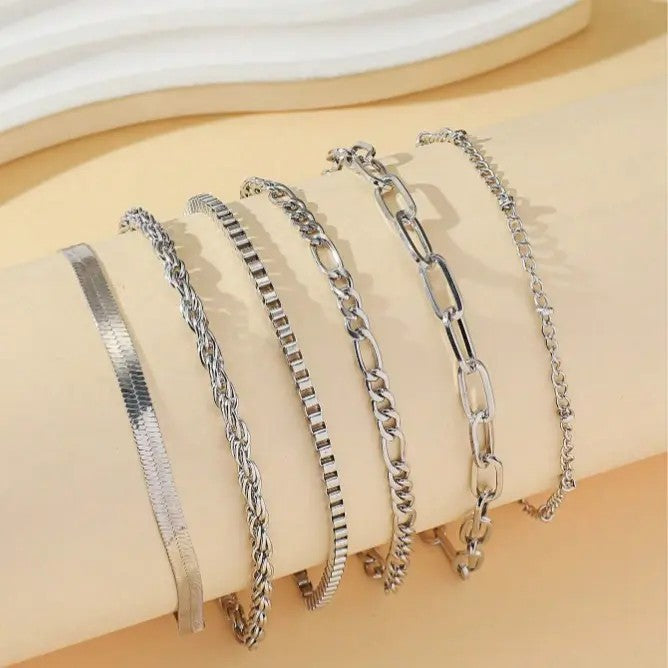 6pc Dainty Layered Chain Bracelet Set