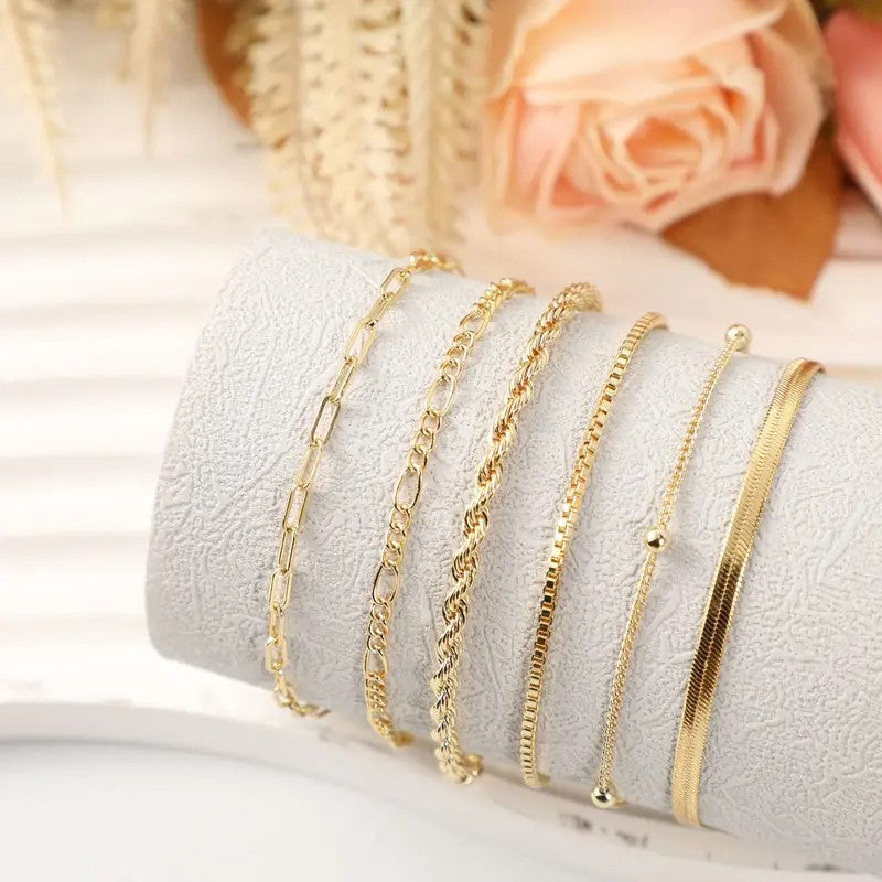 6pc Dainty Layered Chain Bracelet Set