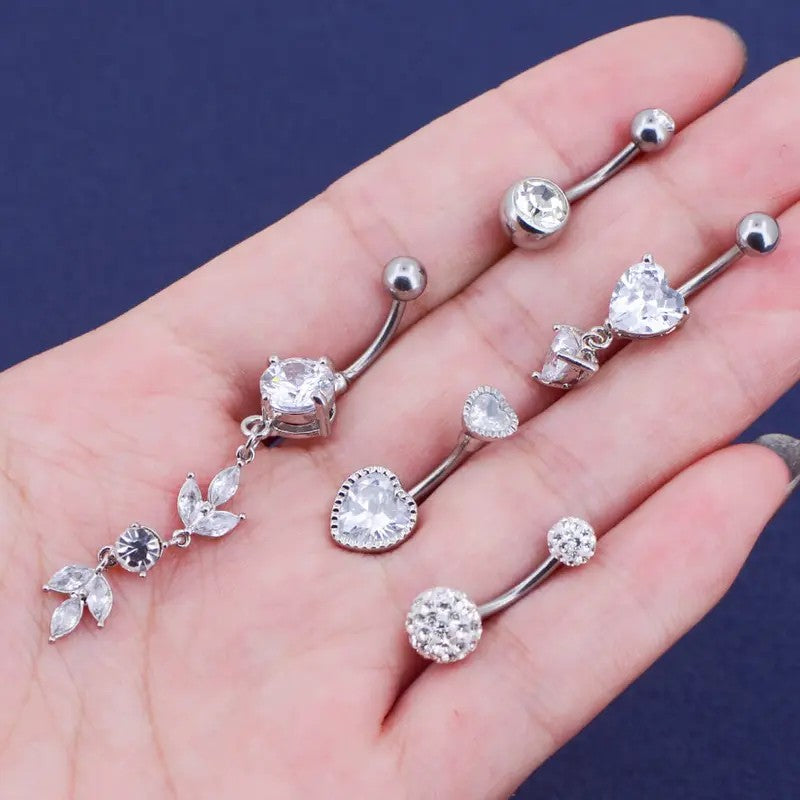 5pc Dainty CZ Heart Belly Ring Set