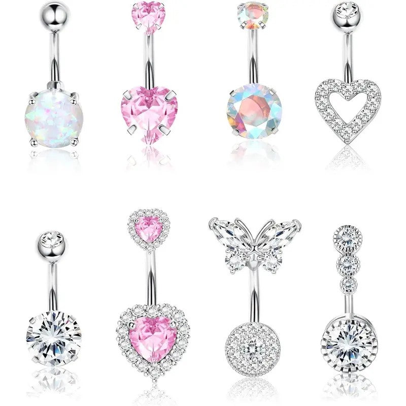 14k Romantic Pink Heart & Butterfly Belly Ring Set