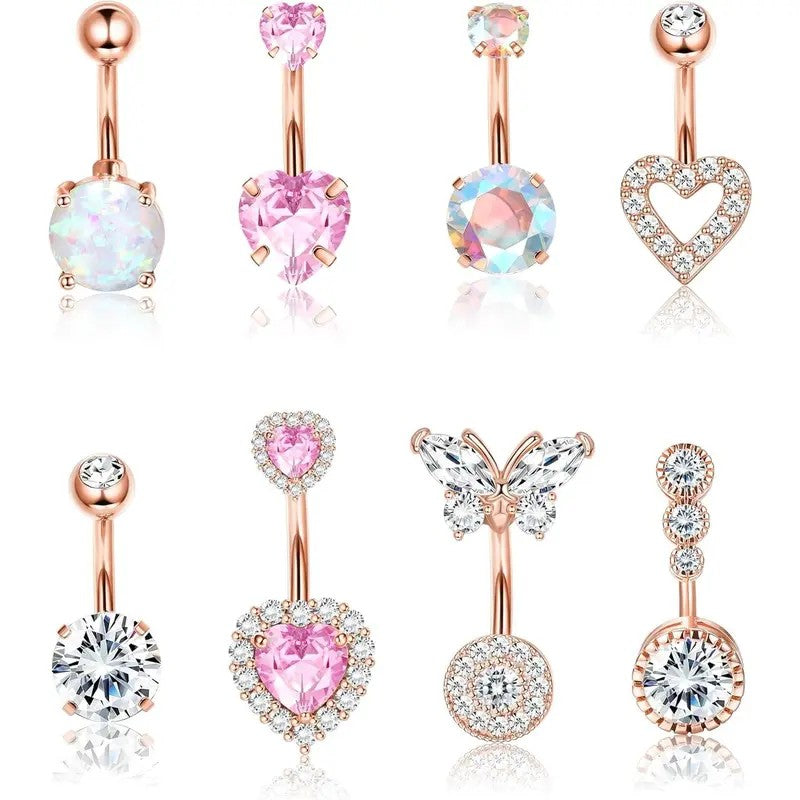 14k Romantic Pink Heart & Butterfly Belly Ring Set
