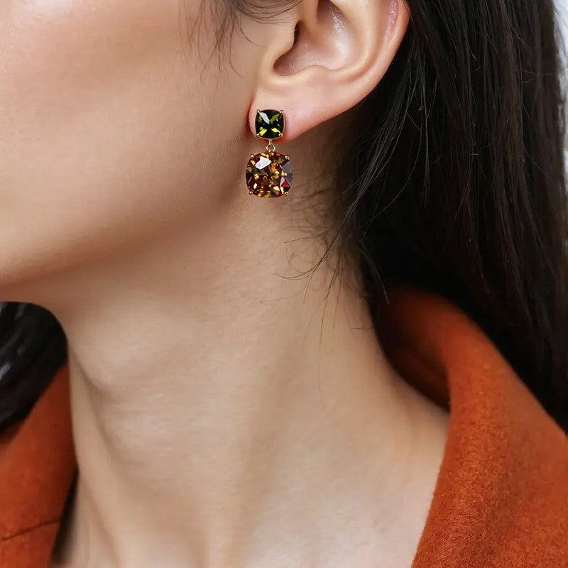 Elegant Two-Tone Square Gemstone Drop Earrings