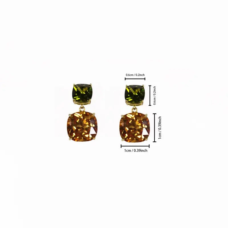 Elegant Two-Tone Square Gemstone Drop Earrings