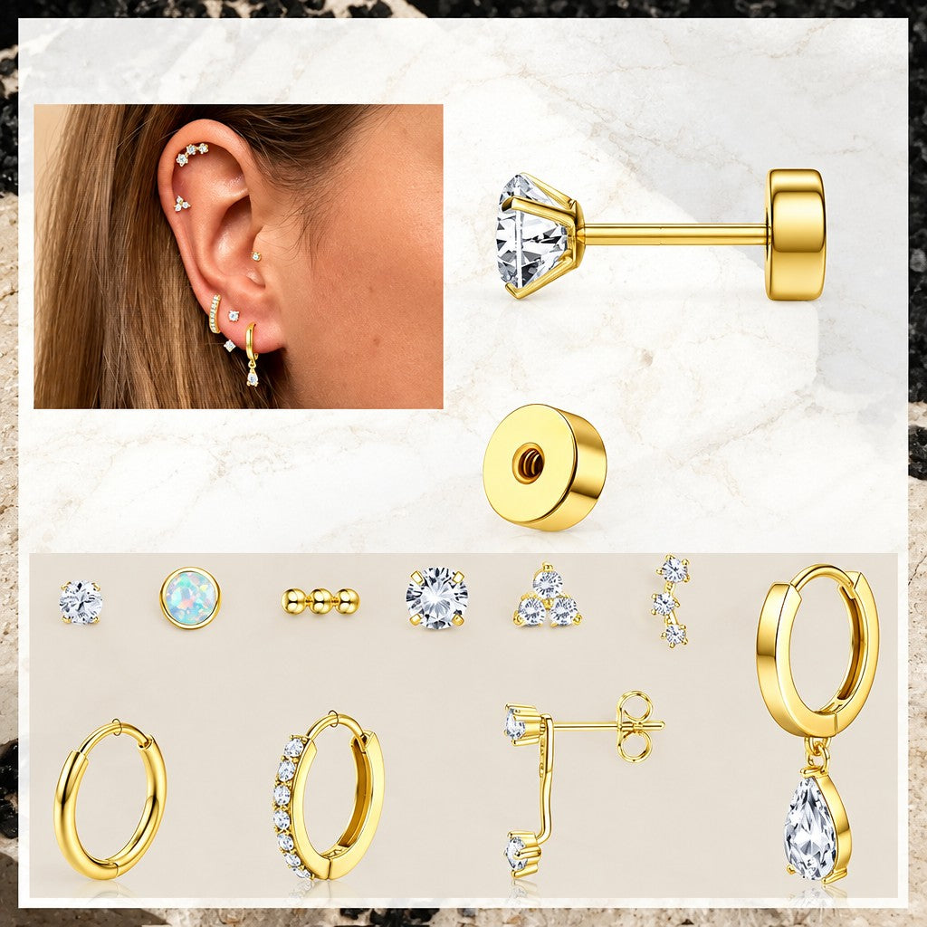 20pc 14k Dainty Flat Back Earring Set