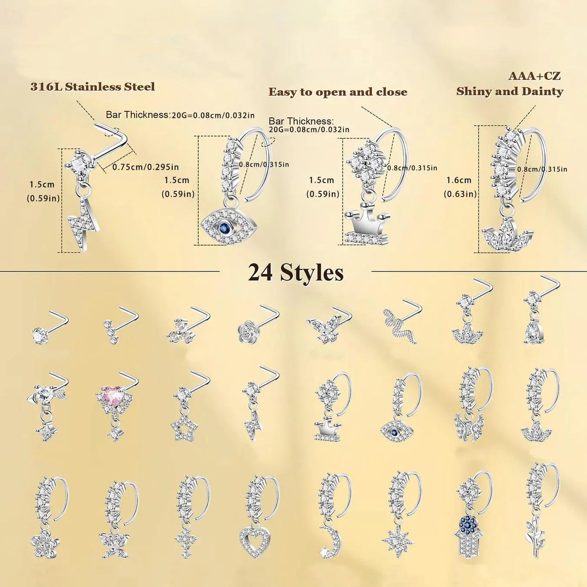 24pc Dainty Rhinestone Charm Nose Ring Set