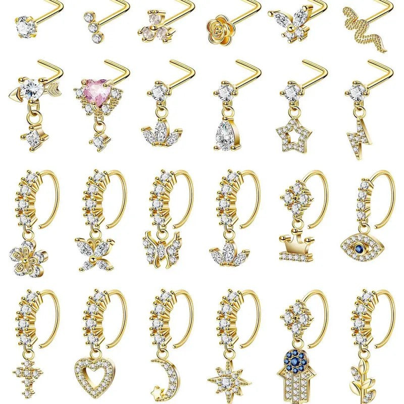 24pc Dainty Rhinestone Charm Nose Ring Set