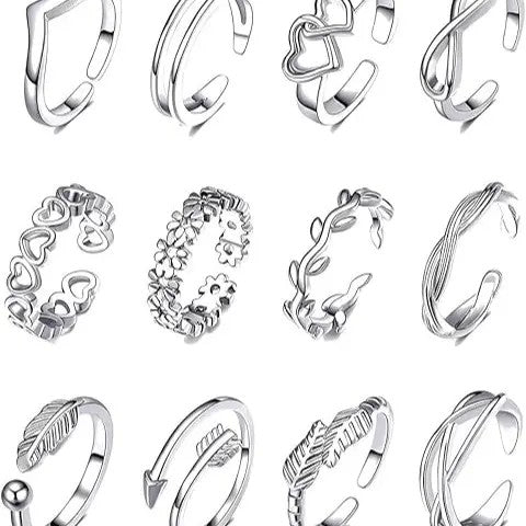12pc Dainty Mixed Motif Adjustable Ring Set