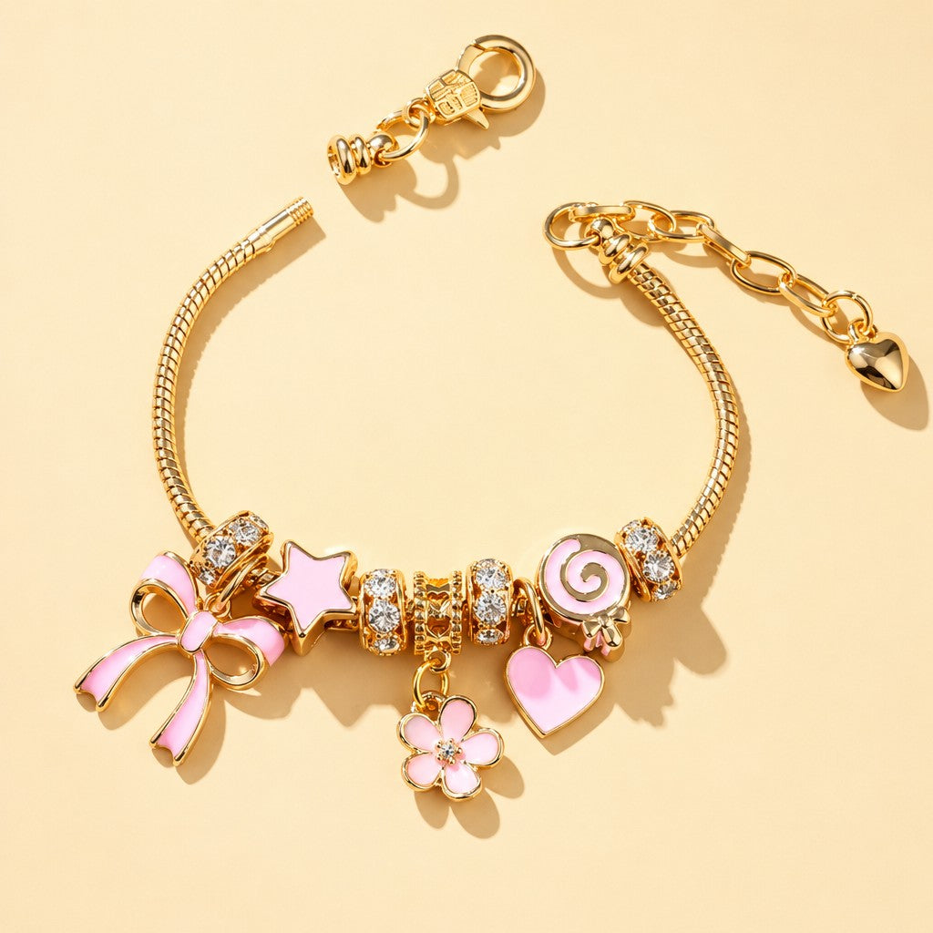 Romantic Pink Bow & Flower Charm Bracelet