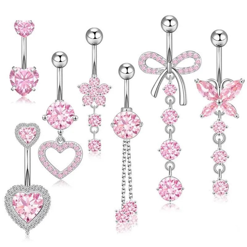 7pc Romantic Pink CZ Belly Ring Set