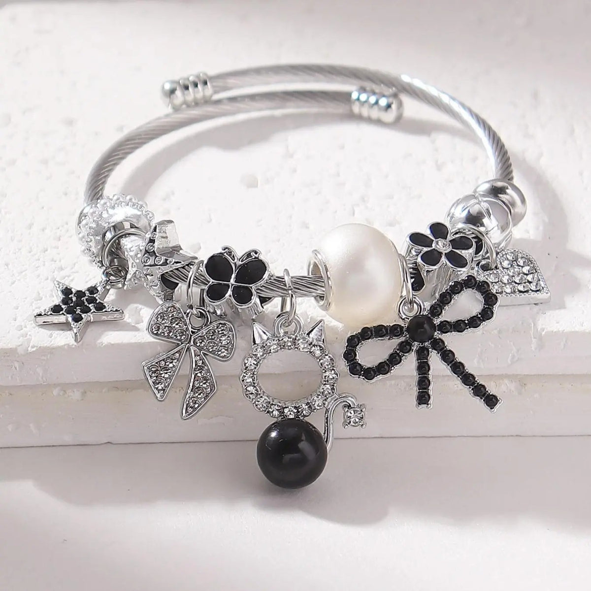 Dainty Cat Star & Bow Charm Bracelet