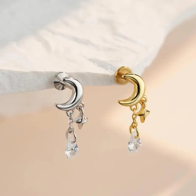 Dainty Crescent Moon Star Drop Earrings