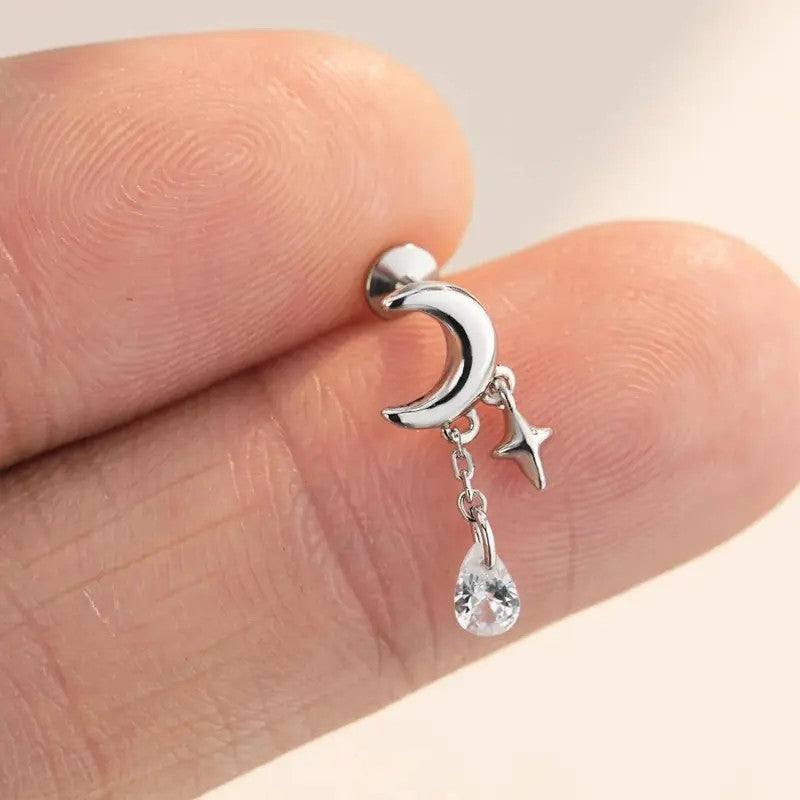 Dainty Crescent Moon Star Drop Earrings