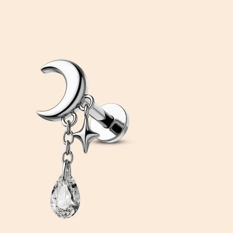 Dainty Crescent Moon Star Drop Earrings