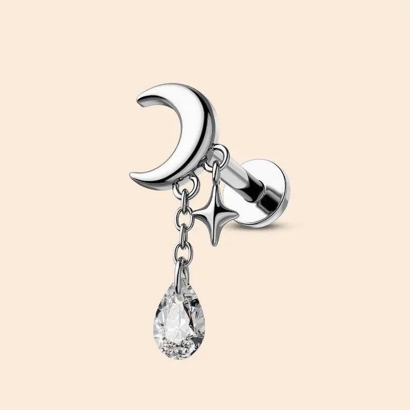 Dainty Crescent Moon Star Drop Earrings