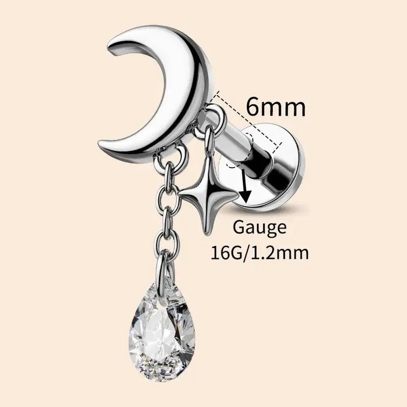 Dainty Crescent Moon Star Drop Earrings