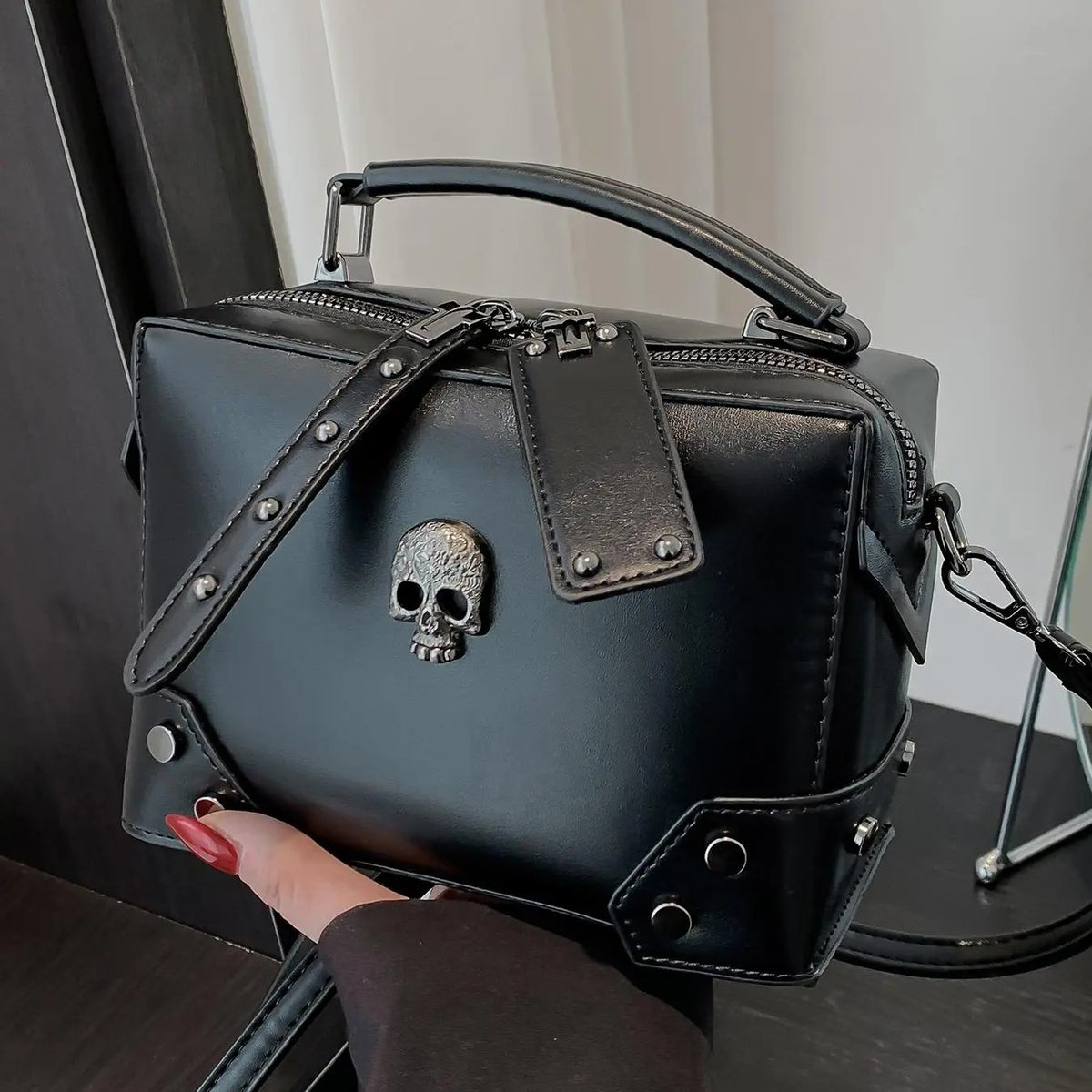 Edgy Skull Stud Messenger Bag