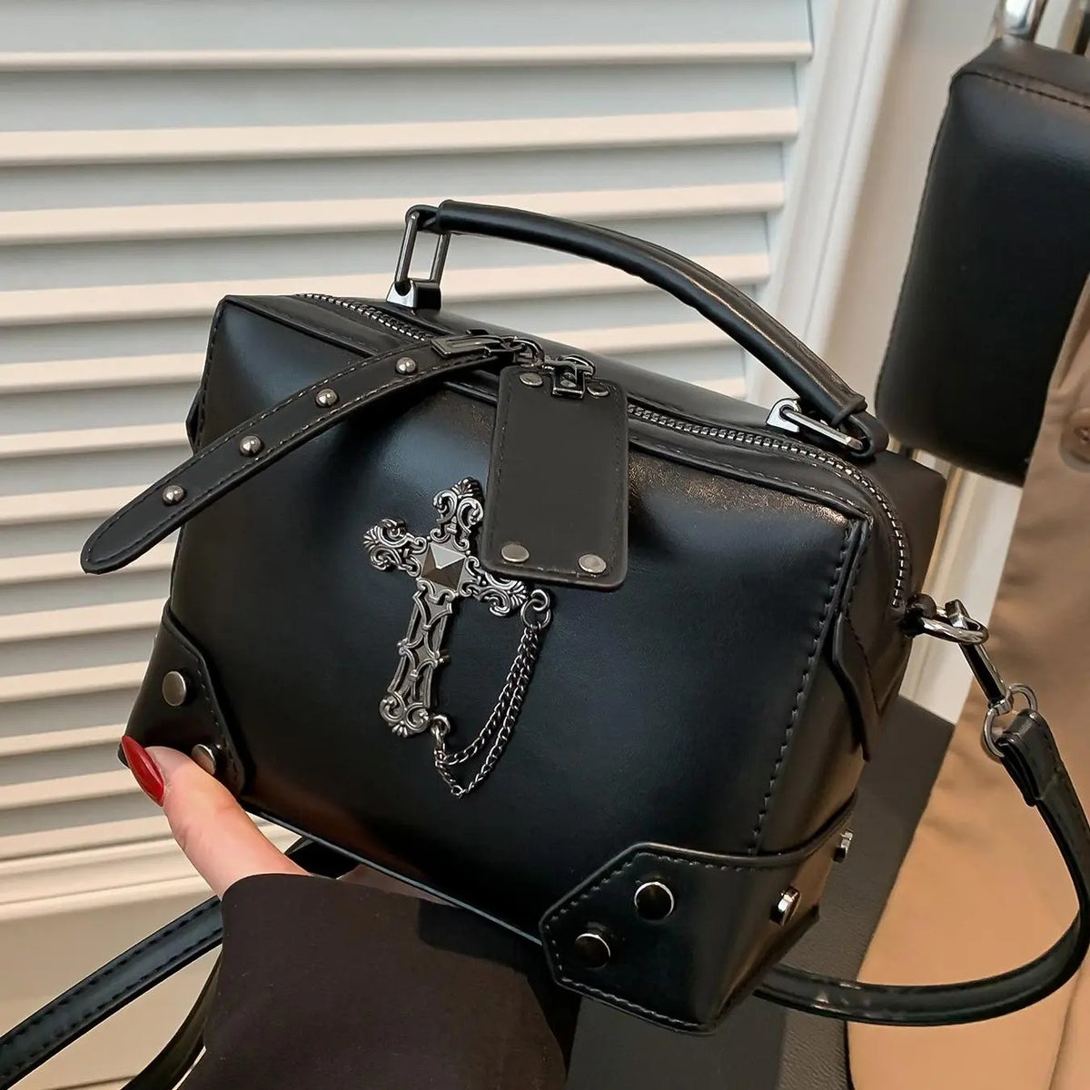 Edgy Skull Stud Messenger Bag