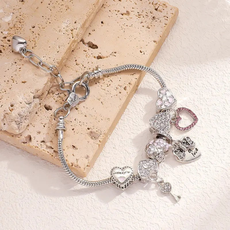 Romantic CZ Heart Charm Snake Chain Bracelet