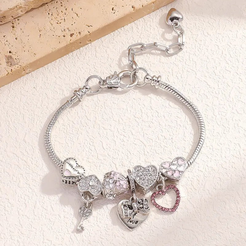 Romantic CZ Heart Charm Snake Chain Bracelet