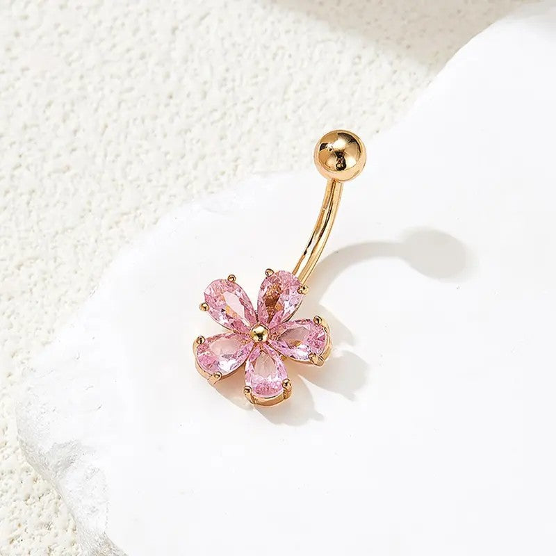 Dainty Pink Flower Belly Button Ring