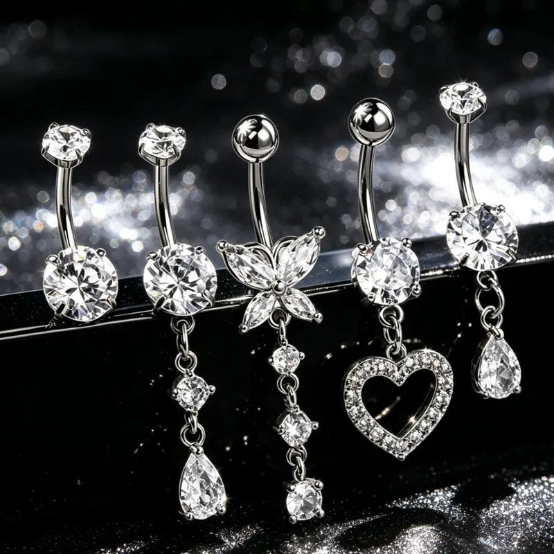 5pc Dainty Rhinestone Belly Ring Set