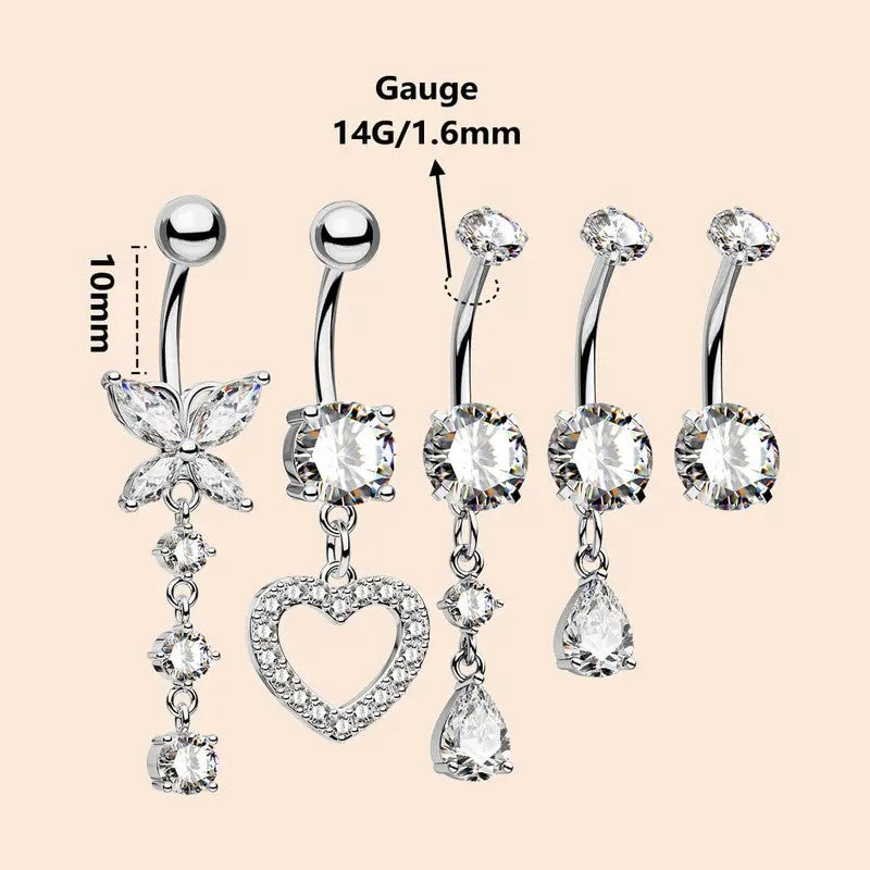 5pc Dainty Rhinestone Belly Ring Set