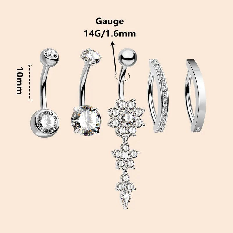 5pc Dainty Rhinestone Belly Ring Set