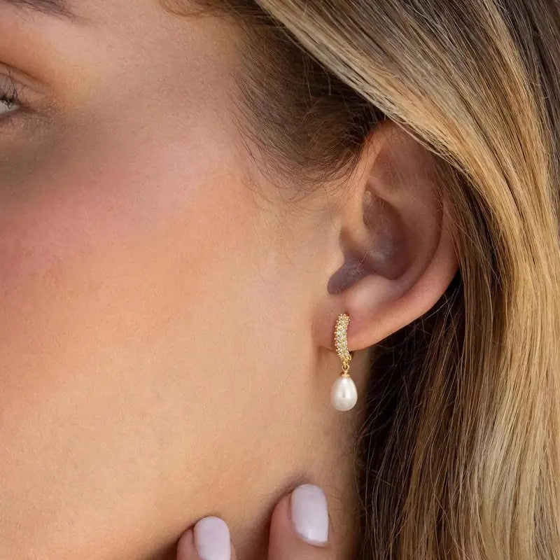 14k Dainty Pave Pearl Drop Earrings