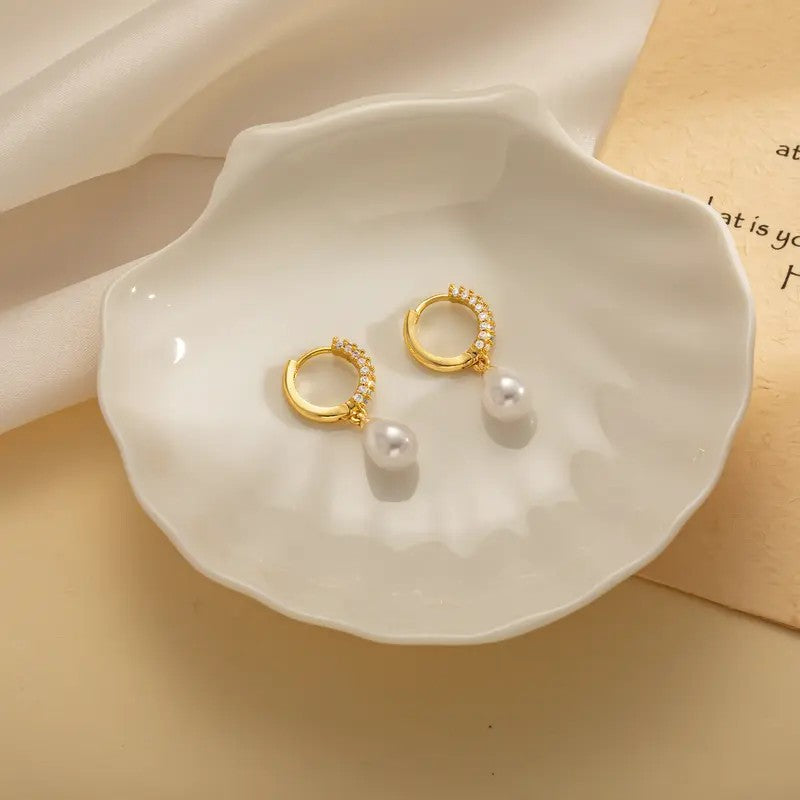 14k Dainty Pave Pearl Drop Earrings